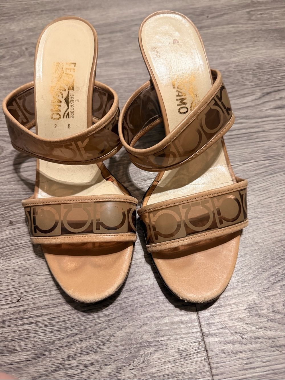 Salvatore Ferragamo Beige Brown Logo-Print Double-Strap Slide Sandals